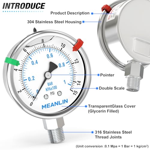 MEANLIN MEASURE 0~15Psi Stainless Steel Liquid Filled Pressure Gauge 2.5" FACE DIAL 1/4" NPT for Water Oil Air Well Pump Tank Tire Pressure Test Lower Mount with Stainless Steel Hex Bushing and Snaps - size: 0-15Psi, style: Lower Mount