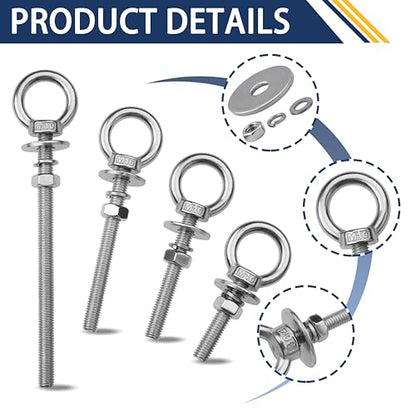 2 Pack M10 Stainless Steel Eye Bolts with Nuts, 3/8" x 2" Eye Bolts - size: M10x51mm (3/8"x2")