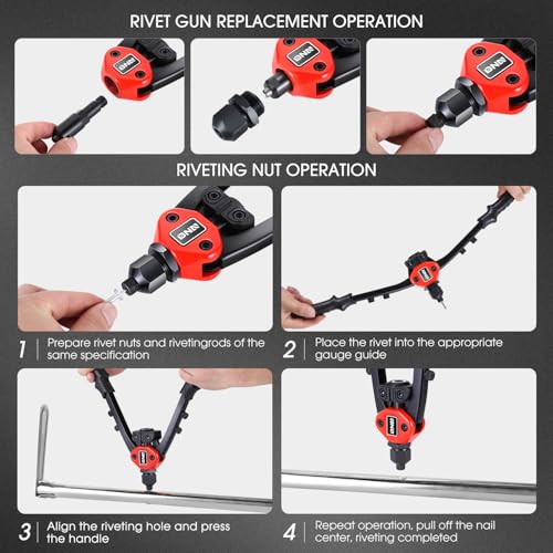 DNA MOTORING 2 in 1 12" Rivet Gun, Wrench, SAE Mandrels & Metric Rivet Nut Tool Set, 60pcs Rivet Nut Head, Rivet Gun Kit for Riveting Decoration Metal Plates, W/Case, TOOLS-00564 - style: 60pcs 12in