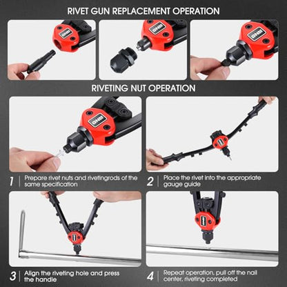 DNA MOTORING 2 in 1 12" Rivet Gun, Wrench, SAE Mandrels & Metric Rivet Nut Tool Set, 60pcs Rivet Nut Head, Rivet Gun Kit for Riveting Decoration Metal Plates, W/Case, TOOLS-00564 - style: 60pcs 12in