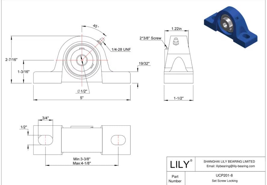 1 Pcs UCP201-8 Pillow Block Mounted Bearings, 1/2 inch Bore, 2 Bolt Pillow Block Bearing Set Screw Locking,Solid Cast Iron Base, Self-Alignment - size: UCP201-8 1/2 inch Bore