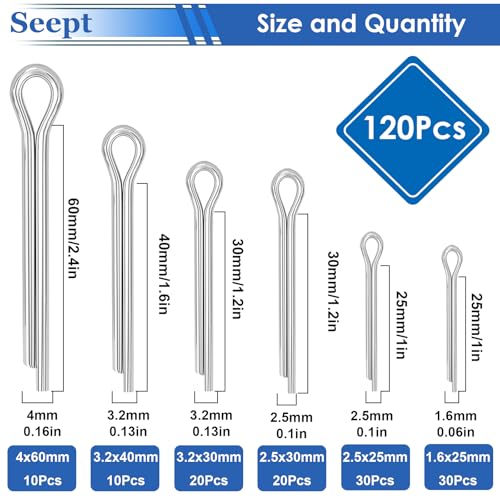 120Pcs Cotter Pins 304 Stainless Steel Cotter Pins Assortment Kit Tractor Pin Used for Hitch Pin Lock System, Trucks, Engine Repair in Towing Hitch Clips & Pins (Pack of 2) - size: 120Pcs 6-sizes (Pack of 2)