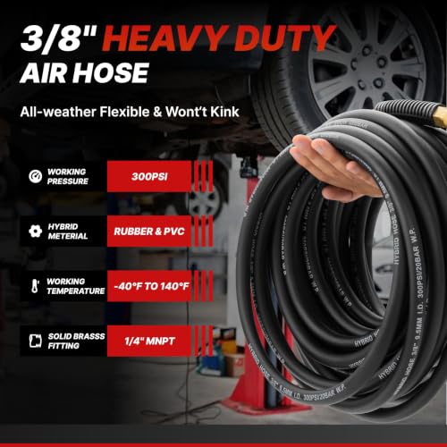 Hybrid Air Hose 3/8-Inch by 100-Feet, Heavy Duty Air Compressor Hose, Lightweight, Kink Resistant, Flexible In Extreme Cold Weather, Excellent UV, Oil and Abrasion Resistant,300 PSI - size: 100FT