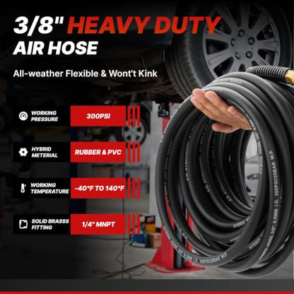 Hybrid Air Hose 3/8-Inch by 100-Feet, Heavy Duty Air Compressor Hose, Lightweight, Kink Resistant, Flexible In Extreme Cold Weather, Excellent UV, Oil and Abrasion Resistant,300 PSI - size: 100FT