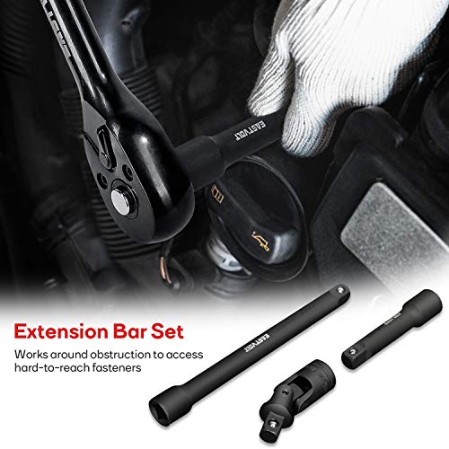 Eastvolt 46 Pieces Drive Socket Ratchet Wrench Set, Mechanic Tool Kits with 72 Teeth Reversible Ratchet, Extension Bar Set and Storage Case, Metric/SAE
