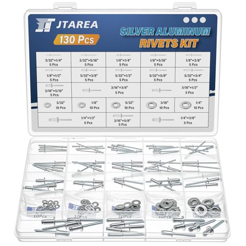 16Sizes Pop Rivets Kit 3/32 1/8 5/32 3/16 1/4 Inch Silver Aluminum Blind Rivet Assortment Set with Stainless Steel Washers (Pack of 130PCS)