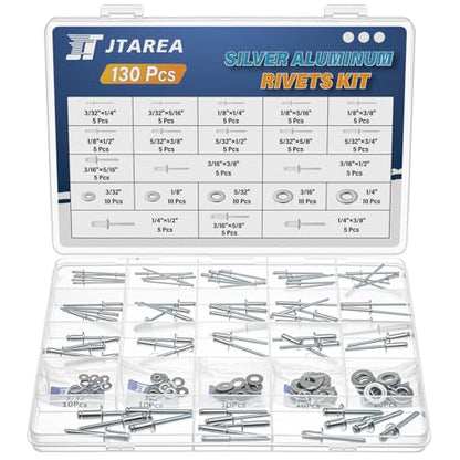 16Sizes Pop Rivets Kit 3/32 1/8 5/32 3/16 1/4 Inch Silver Aluminum Blind Rivet Assortment Set with Stainless Steel Washers (Pack of 130PCS)