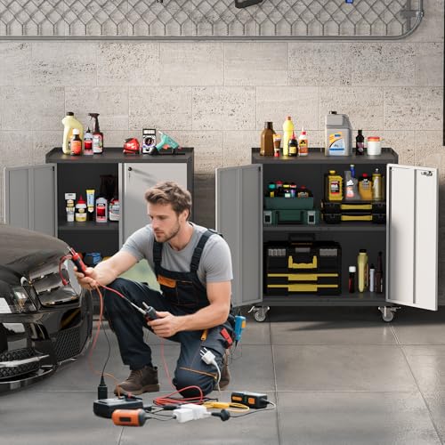 36" Garage Storage Cabinet with Wheels ＆ Locking Doors, Rolling Tool Cabinet with Adjustable Shelf,Rust-Resistant Steel Utility Cabinet for Home Office Workshop Organization