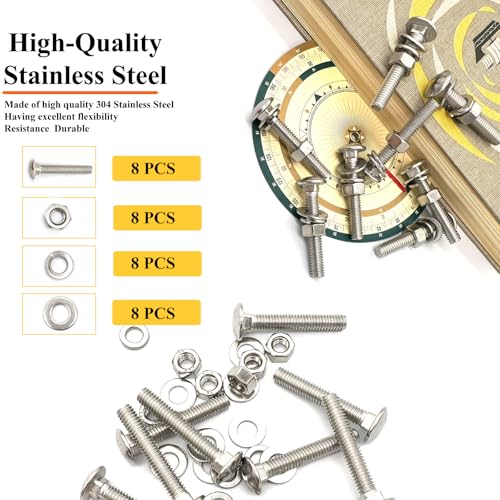 8 Sets 5/16"-18 x2 Carriage Bolts Round Head Square Neck Screws with Hex Nuts Flat Washers Spring Lock Washers 304 Stainless Steel Full Thread Coverage Square Neck Bolts Assortment Kit - size: 5/16"-18 x2"-8 Sets