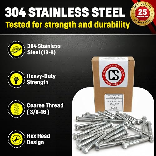 Chenango Supply 3/8-16 x 2-1/2" Stainless Steel Hex Head Bolts - size: 3/8-16 X 2-1/2"