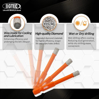 BGTEC Dry Diamond Drill Bits 5pcs 5/16" with Quick Change Hex Shank Granite Marble Porcelain Tile Ceramic - size: 08mm