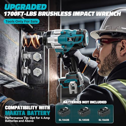 Cerycose Cordless Impact Wrench 1/2 inch Compatible with Makita 18V Battery: 1700FT-LBS High Torque Impact Wrench Heavy Duty Tool - Brushless Electric Impact Gun Includes LED Work Light with 6 Sockets - size: 1/2inch, style: Fit for Makita（include 6 Socke