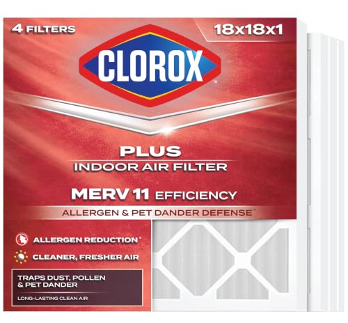 Clorox 18x18x1 Air Filter, MERV 11 Pleated HVAC AC Furnace Air Filters for Dust, Pollen and Pet Dander, MPR 1000 & FPR 7 – Pack of 4 - style: MERV 11 Plus