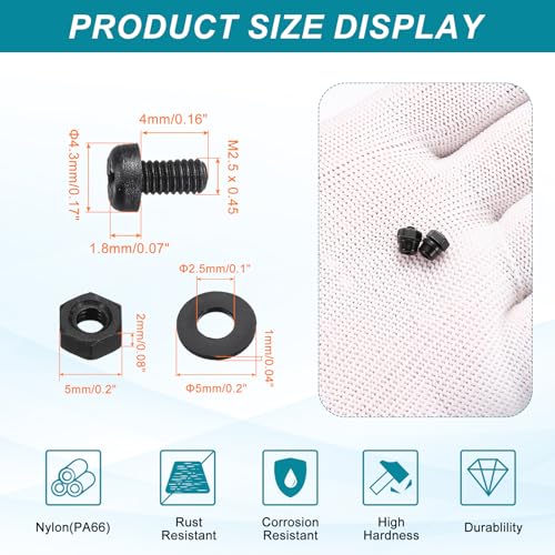 MECCANIXITY 30 Set M2.5x4mm Nylon PA66 Plastic Cross Round Head Screw Phillips Bolts Hex Nuts Flat Washers Assortment Kit, Metric Full Thread Bolt Fasteners for DIY Machine Assembly, Black - color: Black, size: M2.5x4mm
