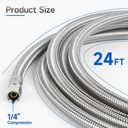 24 FT Refrigerator Water Line, 1/4" Compression Stainless Steel Braided Ice Maker Hose, Fridge Water Line for Refrigerator, Ice Maker Water Hose - size: 24 Feet