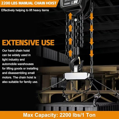 Hand Chain Hoist, Manual Chain Fall，1 Ton 2200 lbs Capacity 10 FT Come Along, G80 Galvanized Carbon Steel，Auto Chain Leading & 360° Rotation Hook for Warehouse Building Automotive Machinery (1T-3M) - size: 1T-3M