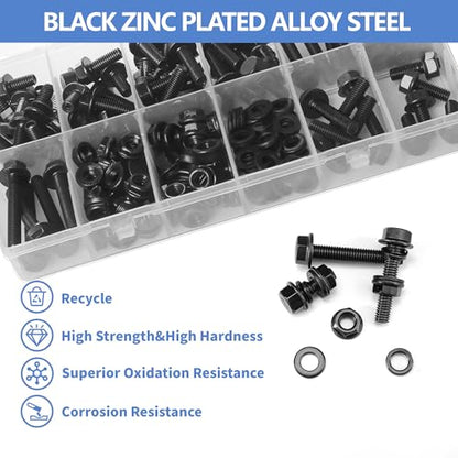 260Pcs M6 Black Flange Bolts Assortment Kit with Flange Nuts,Washers & Lock Spring Washers,M6-1.0x12/16/20/25/30/35/40mm Hex Head Screw,Carbon Steel Full Thread DIN 6921 - size: Black M6 Flange Blots Kit