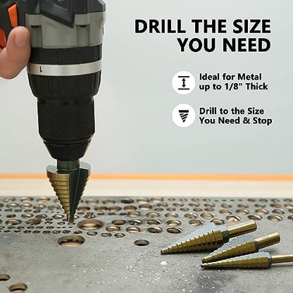 GMTOOLS Step Drill Bit Set - Black and Gold, 6 Pcs High Speed Steel Unibit Drill Bits, Stepped Up Bits & Automatic Center Punch, DIY Lovers with Aluminum Case, Total 50 Sizes for Metal - style: Black and Gold