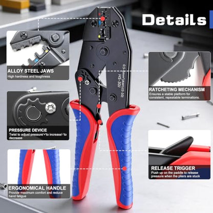 smseace Wire Crimping Tool for Insulated Electrical Connectors 22-10AWG Professional Ratcheting Terminal Crimper - color: Red&blue