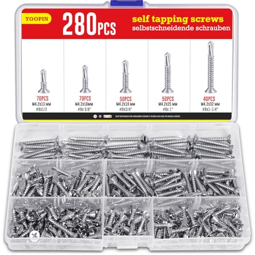280PCS Self Tapping Screws for Metal, 410 Stainless Steel Sheet Metal Screws, #8 Assorted Phillips Self Drilling Screws Set for Metal Sheets, Wood, Roofing (1/2", 5/8", 3/4", 1", 1-1/4") - size: 280PCS