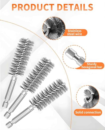 12PCS Wire Bore Brush Set for Drill, 1/4" Hexshank Stainless Steel Round Bore Brushes, 12 Size (0.32-0.75")