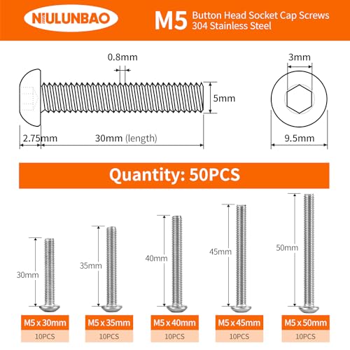 M5 x 30mm 35mm 40mm 45mm 50mm Button Head Socket Cap Screws Bolts 304 Stainless Steel Metric Machine Allen Hex Drive, Fully Threaded, Assortment Kit 50PCS - size: M5 x 30/35/40/45/50mm (50PCS)
