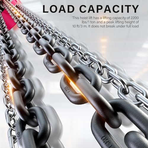 1 Ton Chain Hoist, 2200 lbs Capacity, 8FT Lift Manual Chain Block, Heavy Duty G80 Steel Chain Hoist with Dual-Pawl Brake System and Forged Steel Hooks for Garage, Warehouse Construction,Pink