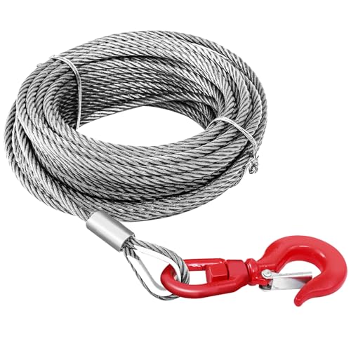 Steel Winch Cable,3/8" x 100' Wire Rope with Swivel Hook,17637 Lbs Breaking Strength,6x19 Strand Core Steel Towing Cable for Tow Truck,Crane,Wrecker - size: 100 ft