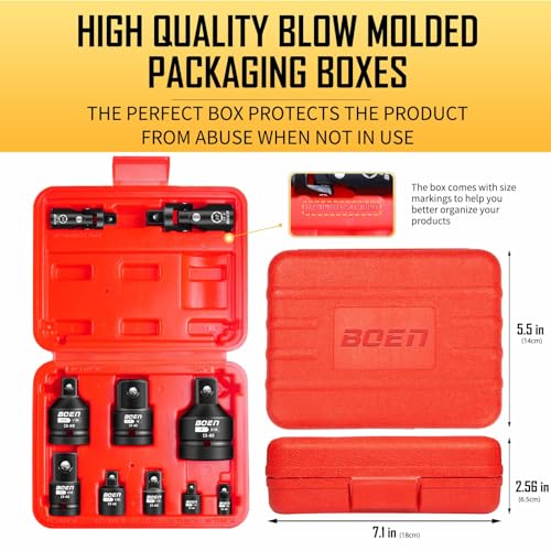 BOEN 10-Piece Impact Socket Adapter and Reducer Set, Standard SAE 1/4" 3/8" 1/2" 3/4", CR-MO Steel Driver & Wrench Conversion Kit Socket Reducer with 3/8" & 1/2" Universal Joint - size: 10 Piece