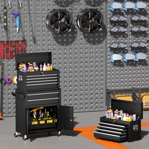 INTERGREAT 8-Drawers Rolling Tool Chest, Assembled Tool Chest with Wheels, Detachable Top Tool Box, Tool Cabinet for Repair Room,Warehouse, Rolling Tool Box with Hooks,Tray Divider,Liners(Black) - color: Black, size: 8 Drawers