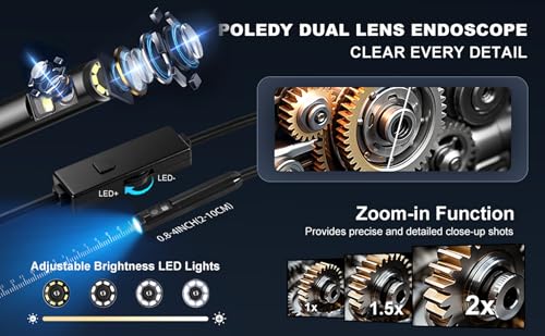 Dual-Lens Endoscope Camera with Light, POLEDY 1920P HD Borescope, 8 Adjustable LED Light, IP67 Waterproof, 16.4ft Snake Camera, Semi-Rigid Cable Inspection for Android, iOS - style: Dual Lens