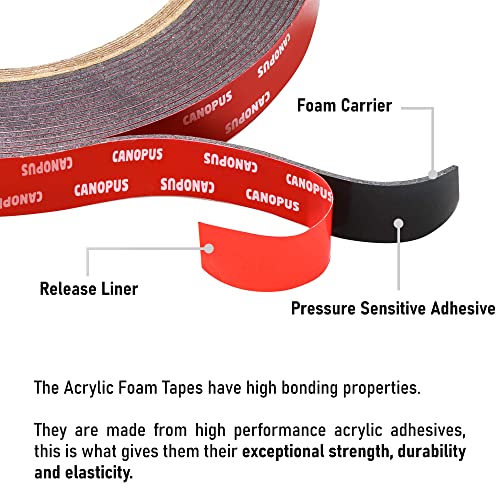 CANOPUS Double Sided Tape, 5952 Heavy Duty Mounting Tape, Strong Bond & Weatherproof Seal Strip for Automotive Mounting, Picture and Photo Frame, Poster, Craft, 0.50 in x 15 ft, Black, Made in USA - size: 0.5in x 5yd