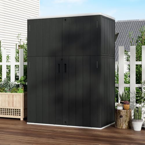 Mrosaa Vertical Outdoor Storage Cabinets,Plastic Sheds&Outdoor Storage with Floor,Outdoor Storage Box Waterproof/Lockable for Garage,Bike,Tools Storage Shed (57Cu.ft) - color: Black-57Cu.ft
