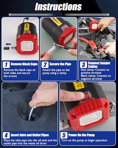 Oil Extractor Pump 12V 80W, Upgraded DIY Oil Change Pump w/ Auto Overload - color: Red