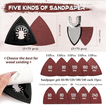 156Pcs Oscillating Tool Sanding Pads Kit, 3Pcs Triangle Sanding Pads and 3Pcs Finger Sanding Pad, 150Pcs Multitool Sandpaper Set, Grit Fit for Finishing Wood Sanding - size: 156pcs Triangle and Finger Sanding Pads