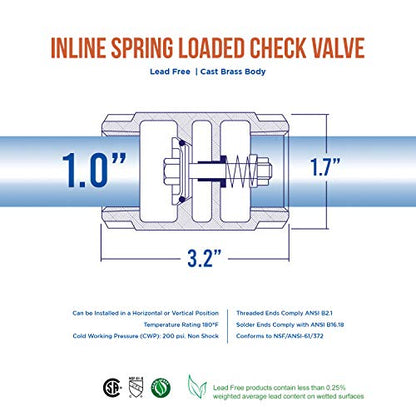 Midline Valve 372D322-5 Inline Spring Loaded Check Valve, Backflow Prevention, Lead Free, 1 in. Sweat Connections, Cast Brass (5 Pack) - size: 1 in., style: 5 Pack