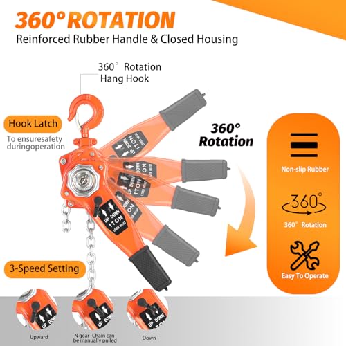 Lever Chain Hoist 1 Ton 2205LBS Capacity,10FT Lift Come Along,Manual Ratchet Chain Puller Hoist with 2 Hooks for Building Garages Warehouse Automotive Machinery