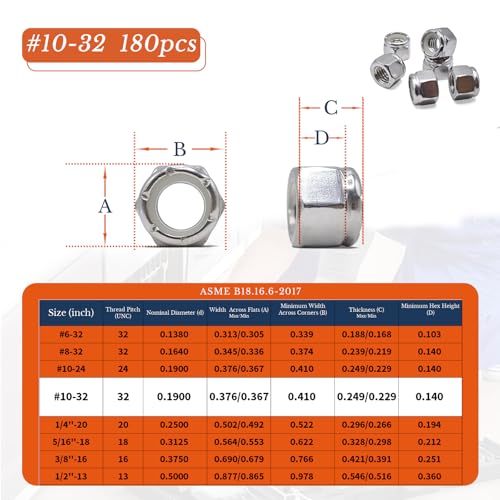 #10-32 Nylon Insert Lock Nuts 180pcs SAE 304 Stainless Steel Nylon Locknuts Hex Lock Nuts Reusable Anti-Loose Corrosion-Resistant for DIY Home Automotive Industrial - size: 10#32 180pcs