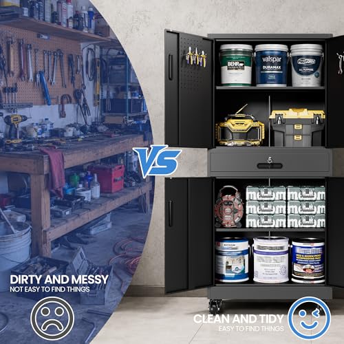 71'' Garage Storage Cabinet with Wheels,4 Locking Doors and 1 Drawer,Metal - color: Black, style: 71"H 2 doors 1 drawer with wheels