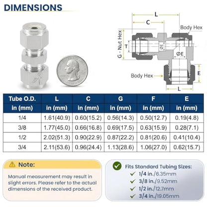 316SS Compression Tube Fitting, Straight Union, 1/4" OD x 1/4" OD - size: 1/4" OD x 1/4" OD