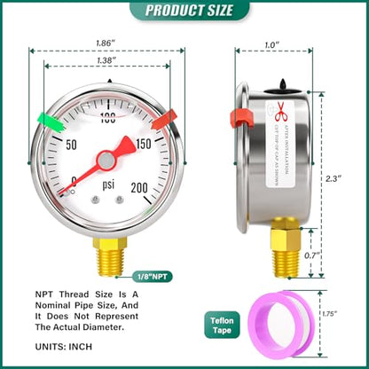 0-200psi Stainless Steel Glycerin Liquid Filled Pressure Gauge1/8 NPT 1.5" Dial, Lower Mount for Pressure Testing of Water, Oil and Air (with Range Mark Pointer) - size: 0-200Psi