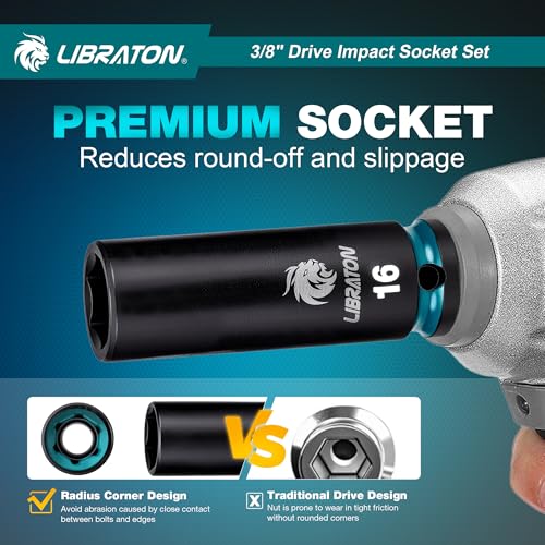 LIBRATON 3/8 Socket Set 90PCS, SAE(5/16-3/4) & Metric(7-19MM) Impact Socket - size: 3/8"