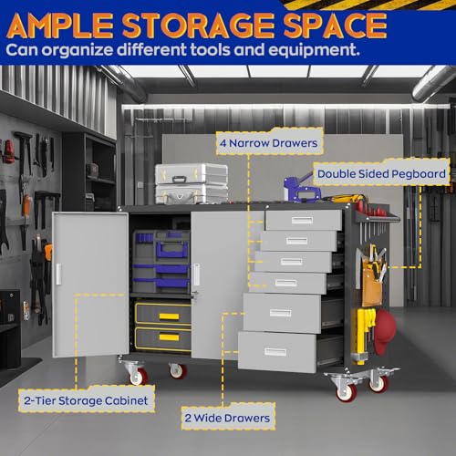 Eltean 55" W Rolling Workbench with 6 Drawers and Storage Cabinet,1000 LB Capacity Heavy Duty Work Bench with Pegboard and Adjustable Shelf,Garage Workbench with Wheels for Repair Shop/Workshop