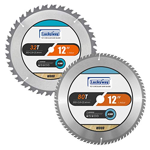 Luckyway 12 Inch Miter Saw Blades 32T General Purpose & 80T Fine Finish with 1 Inch Arbor TCT (Tungsten Carbide Tipped) Saw Blade for Cutting Wood 2-Pack - size: 12" / 32T&80T, style: 12 Inch