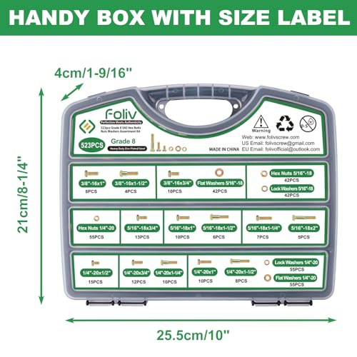 FOLIV 523PCS Grade 8 Bolts and Nuts Assortment Kit, Heavy Duty Nut and Bolt Assortment, 1/4-20 5/16-18 3/8-16 SAE Hex Bolts, Length from 1/2" to 1-1/2" - size: 523PCS 1/4-20 5/16-18 3/8-16