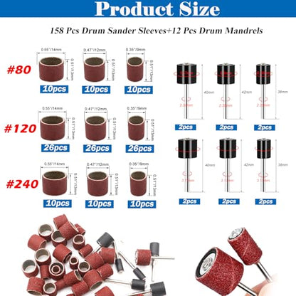 Tnisesm Aluminum Oxide Sanding Drum Set,Including 80 120 240Grit Drum Sander Sanding Sleeves and 12 Pieces Drum Mandrels for Dremel Rotary Tool,Sanding Drums with Box - size: 3SIZE-150PCS