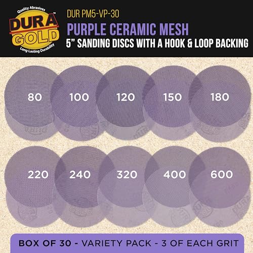 Dura-Gold Premium 5" Purple Ceramic Mesh Sanding Discs, 30 Disc Variety Pack, Grits 80, 100, 120, 150, 180, 220, 240, 320, 400, 600 - Dustless Hook & Loop Backing Sandpaper, DA & Random Orbital Sander - style: Variety Pack