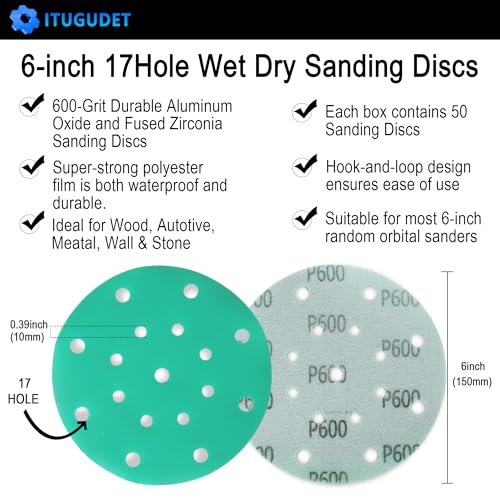 6-Inch 17-Hole 600 Grit Zirconia Alumina Hook & Loop Sanding Discs, Heavy-Duty Polyester Film Backing, Wet/Dry Anti-Clog for Random Orbital Sanders - Wood, Automotive, Metal - 50 Pack - color: 600 Grit, size: 6 Inch 17 Hole