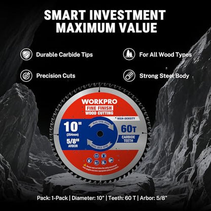 WORKPRO 10" Circular Saw Blade, 60T Fine Finish Wood Cutting - size: 10 INCH