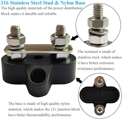 YSIL 1/4"(M6) Power Distribution Block 12V 150A Dual Stud Bus Bar - size: 1/4", style: Dual Stud